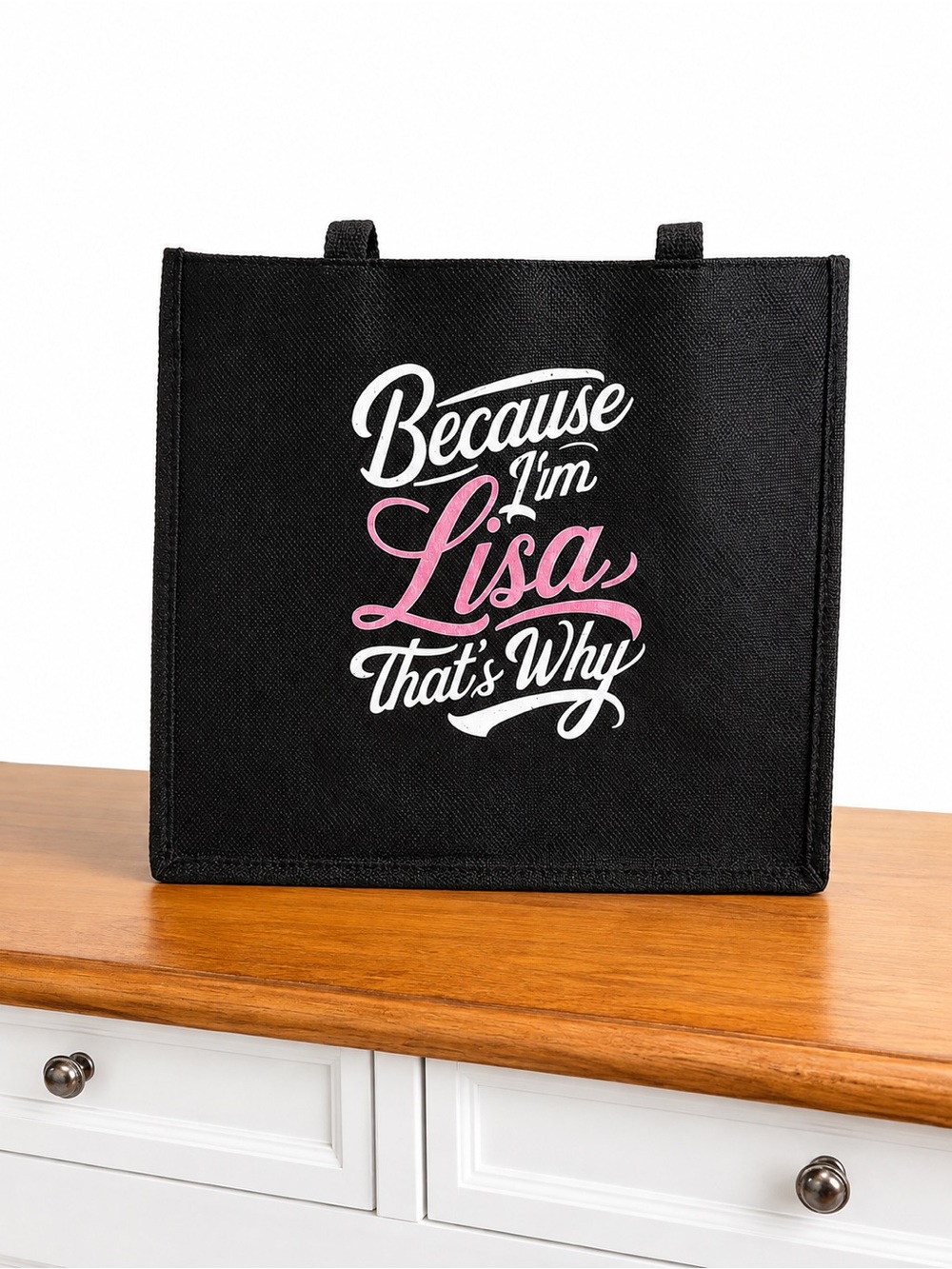 Because I'm Lisa Tote Bag - Black with Pink & White Script